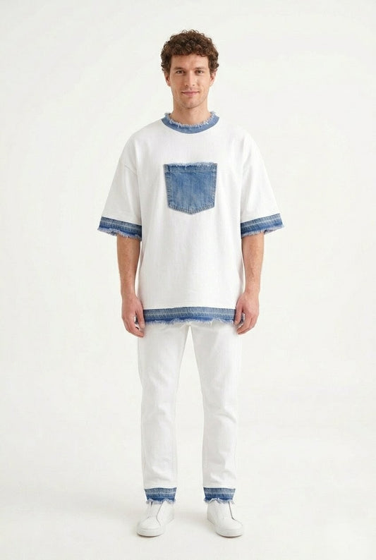 RARE RASU Cotton × Denim Edge T-Shirt — Premium Cotton with Raw Denim Detail (only t-shirt)
