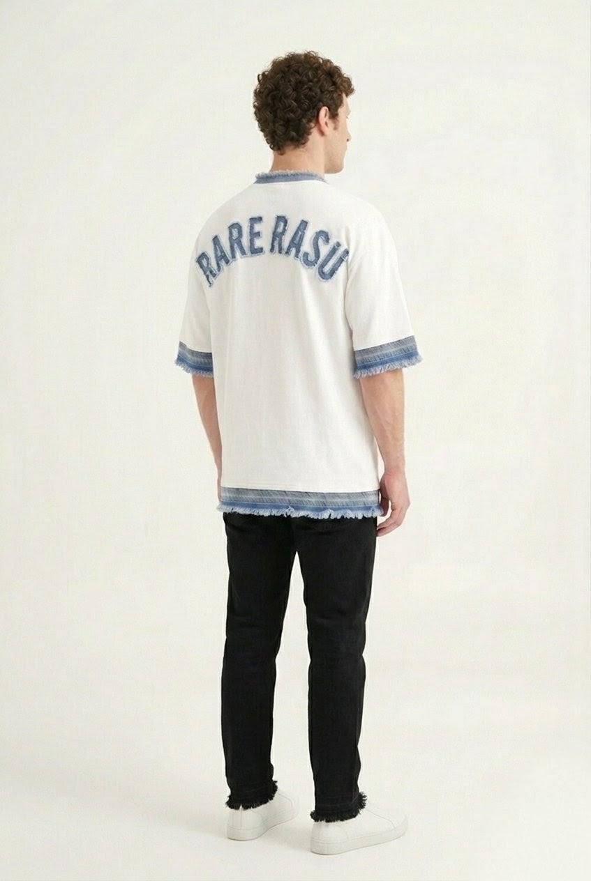 RARE RASU Cotton × Denim Edge T-Shirt — Premium Cotton with Raw Denim Detail (only t-shirt)