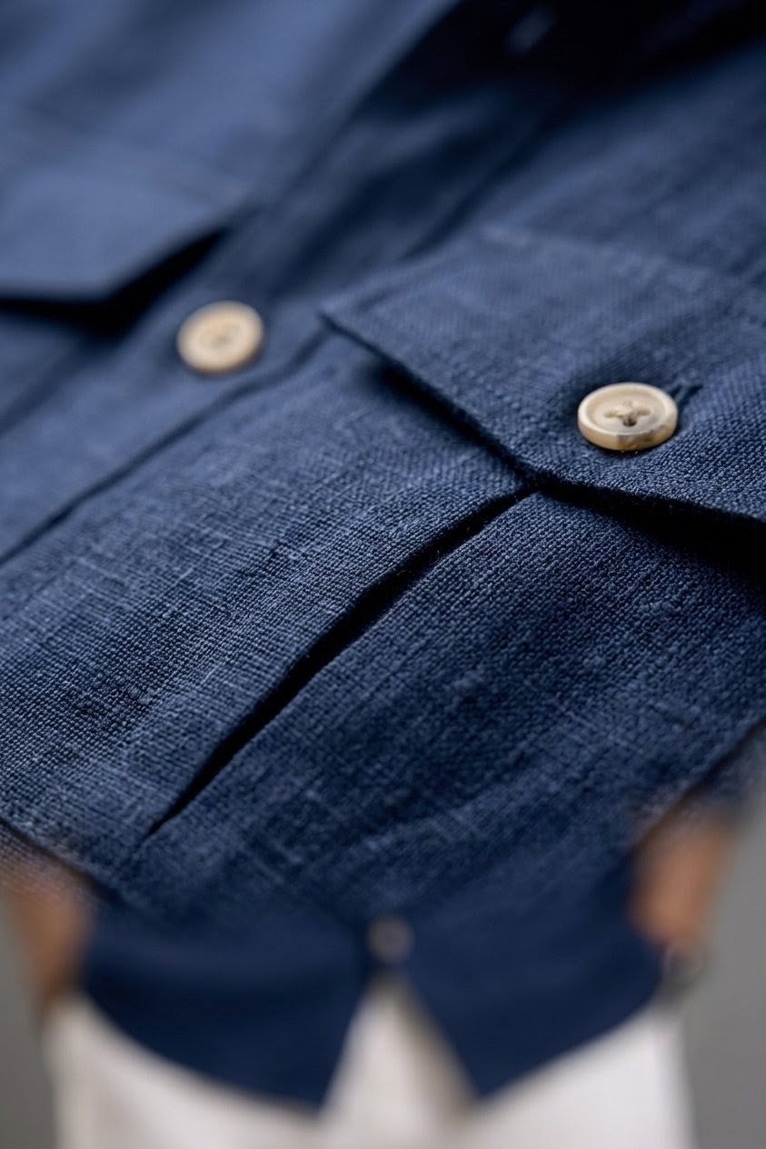 RARE RASU Premium Luxe Linen Shirt With Two Front Utility-Style Pockets (Navy Blue)