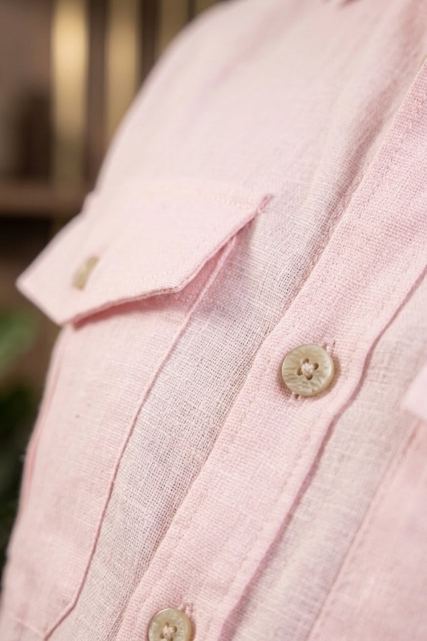RARE RASU Premium Luxe Linen Shirt With Two Front Utility-Style Pockets (light Pink)