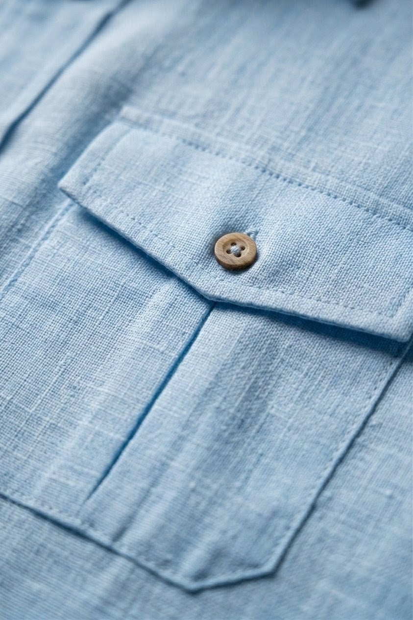 RARE RASU Premium Luxe Linen Shirt With Two Front Utility-Style Pockets (Light Sky Blue )