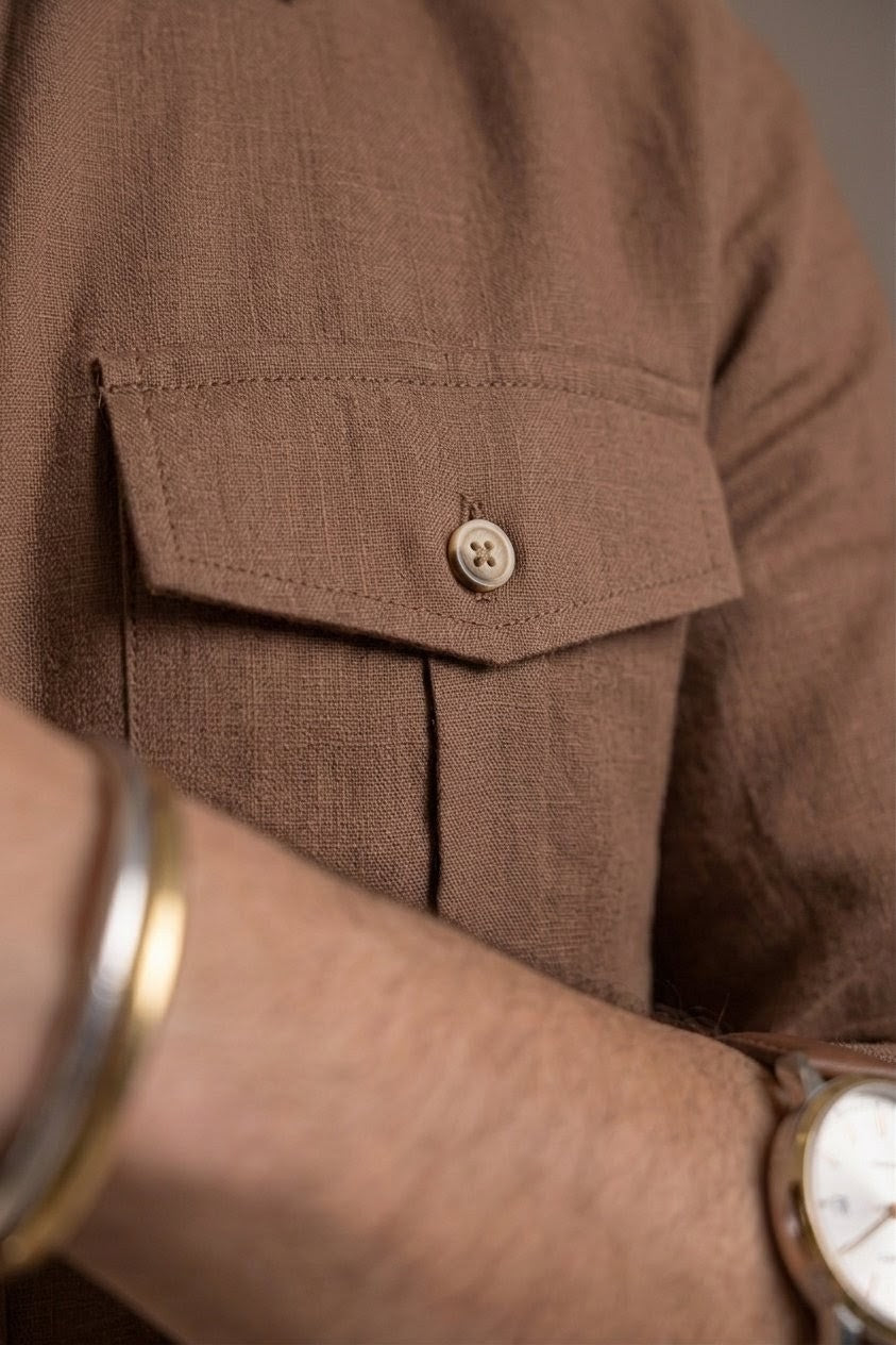 RARE RASU Premium Luxe Linen Shirt With Two Front Utility-Style Pockets (Brown)