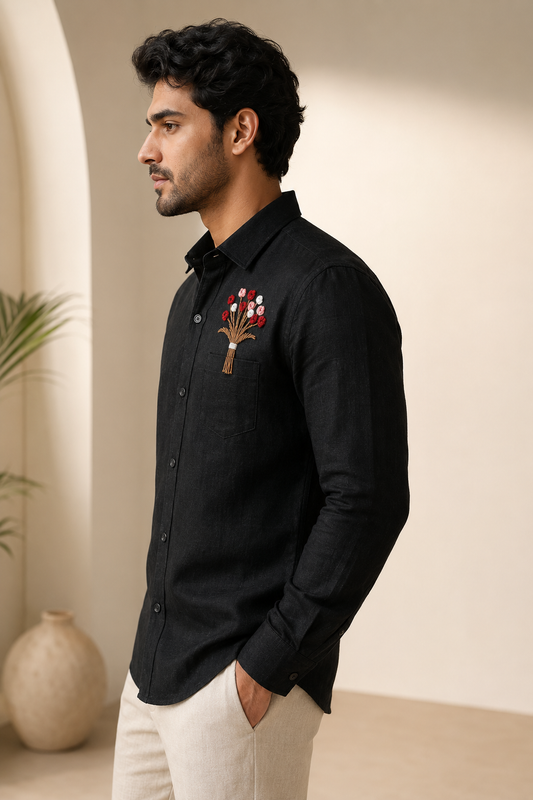 Midnight Bloom – Hand Embroidered Premium Linen Black Shirt