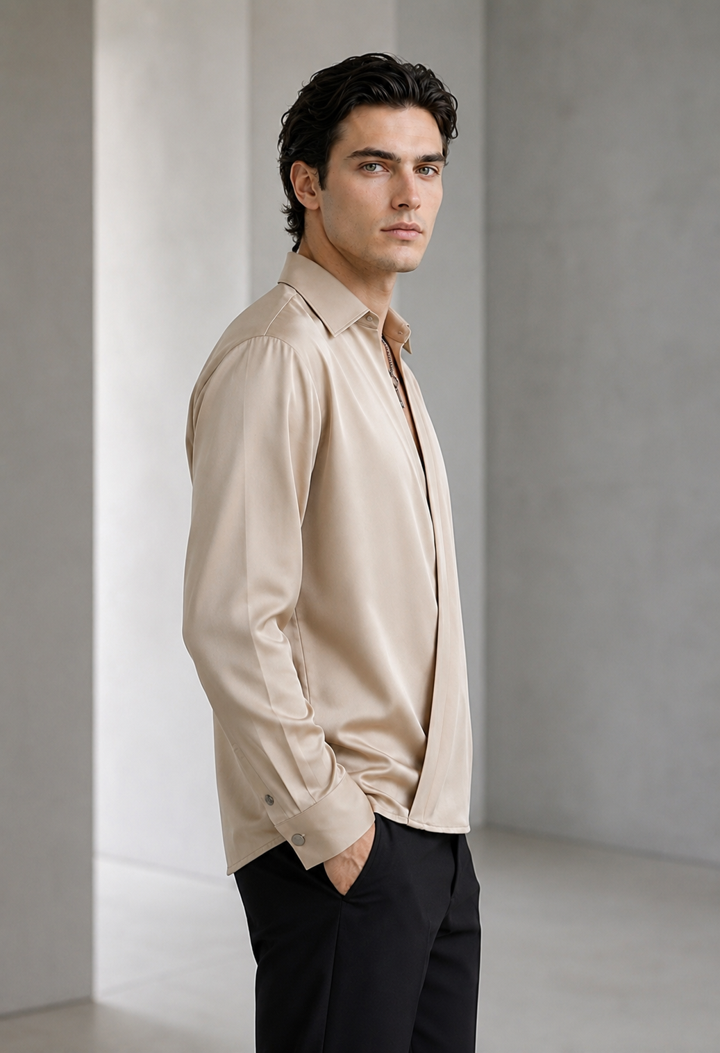 RARE RASU Men's Premium Satin Wrap-Front Shirt – Champagne Beige | Luxury Long Sleeve Statement Shirt