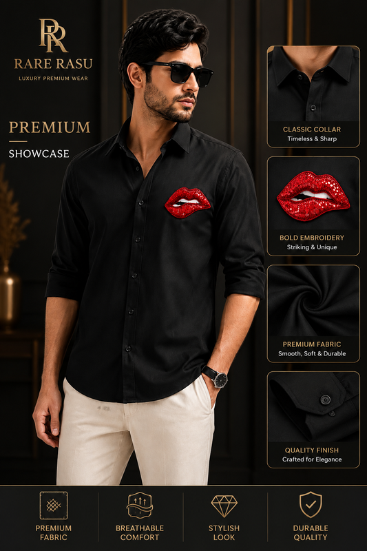 RARE RASU Men's Black Stylish Full Sleeve Shirt, Red Lips Embellishment Hand Embroidery work|Party wear Shirt