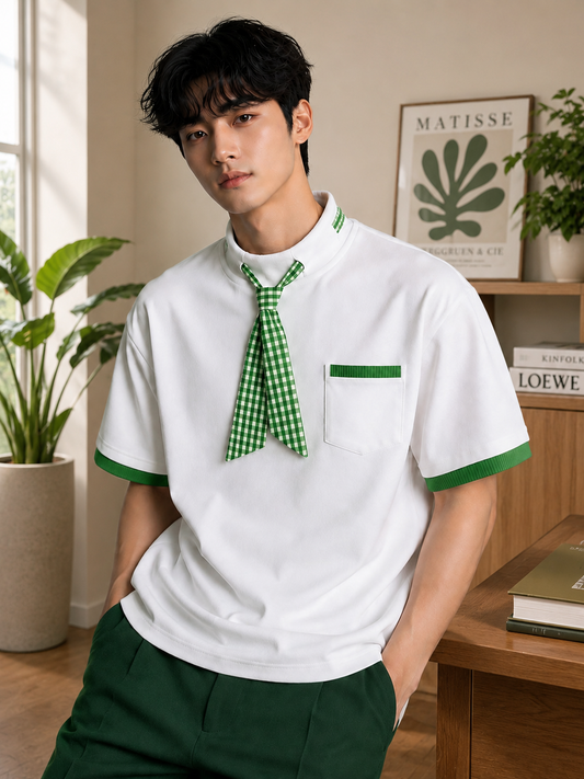 Men's Modern Gingham Necktie & Mock Neck Short-Sleeve T-shirt | Unique Style Designer T-shirt