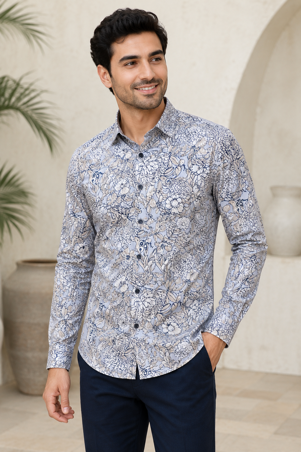 RARE RASU Men’s Premium Floral Botanical  Print Shirt – Pastel Sage Green Full Sleeve Casual Shirt