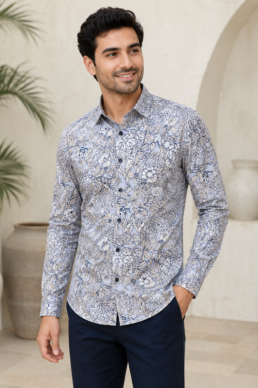 RARE RASU Men’s Premium Floral Botanical  Print Shirt – Pastel Sage Green Full Sleeve Casual Shirt