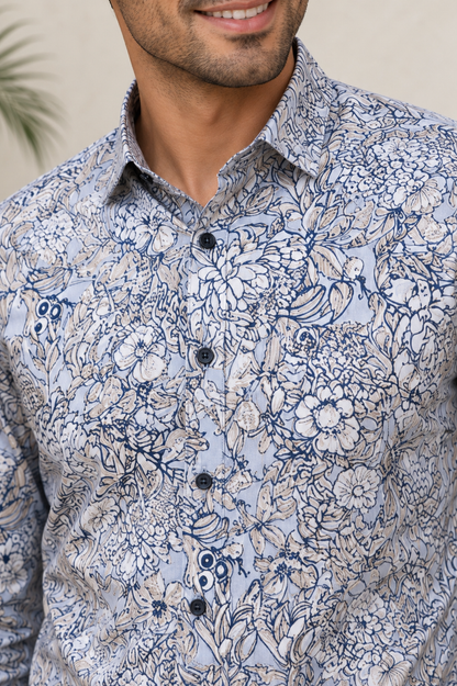 RARE RASU Men’s Premium Floral Botanical  Print Shirt – Pastel Sage Green Full Sleeve Casual Shirt