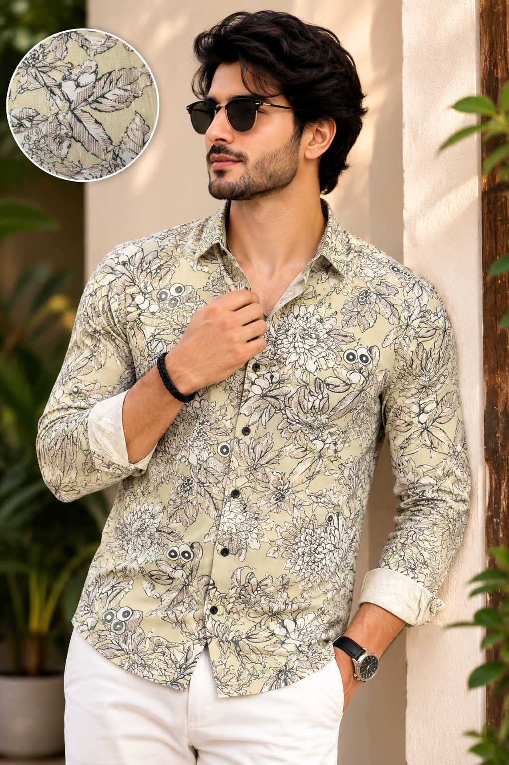 RARE RASU Men’s Premium Floral Botanical  Print Shirt – Pastel Sage Green Full Sleeve Casual Shirt
