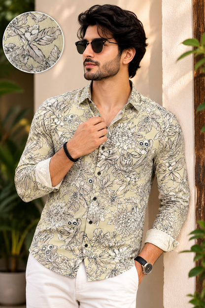 RARE RASU Men’s Premium Floral Botanical  Print Shirt – Pastel Sage Green Full Sleeve Casual Shirt