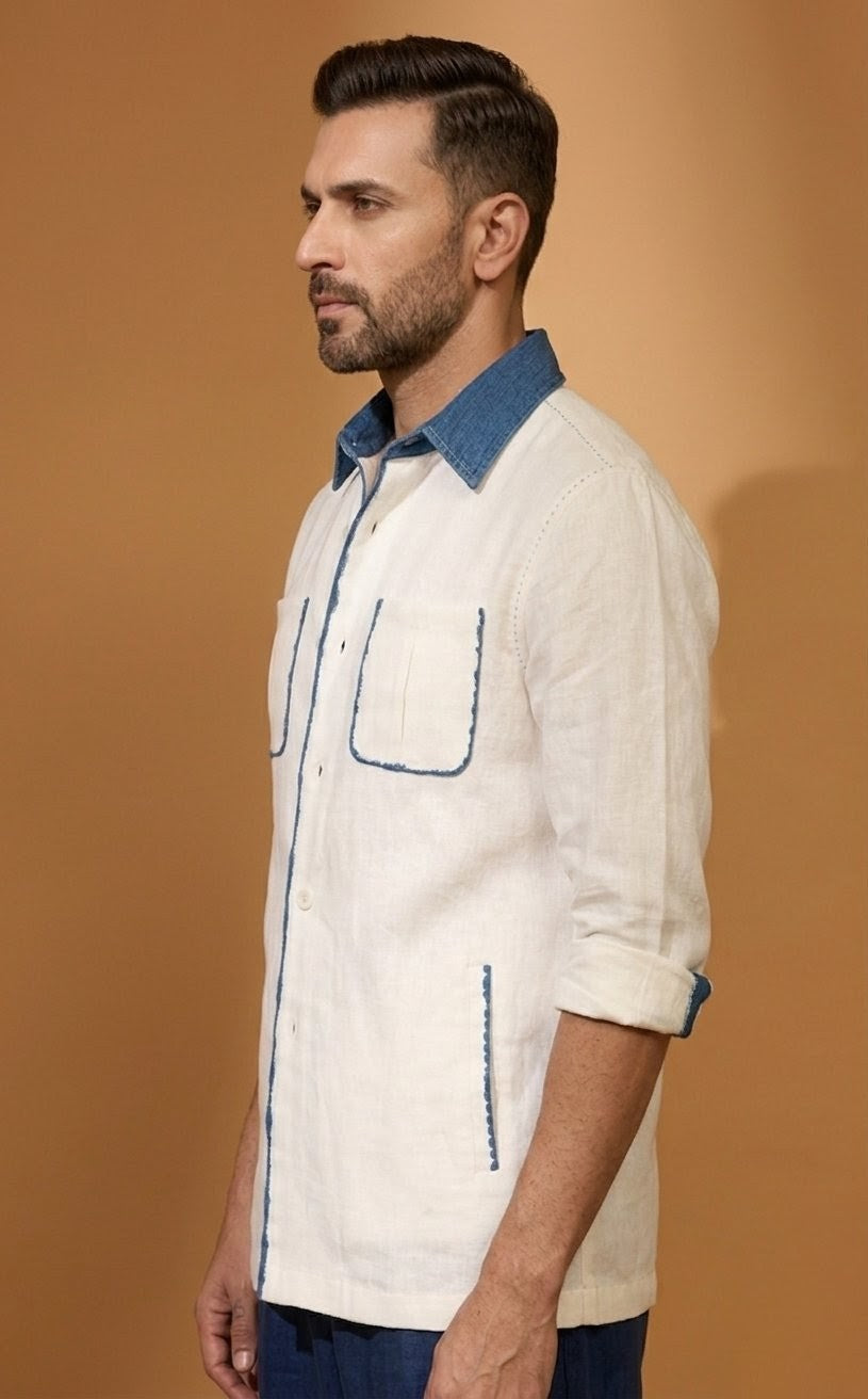 RARE RASU Premium Linen Blend Shirt with Contrast Denim Collar & Utility Pockets – Full Sleeve