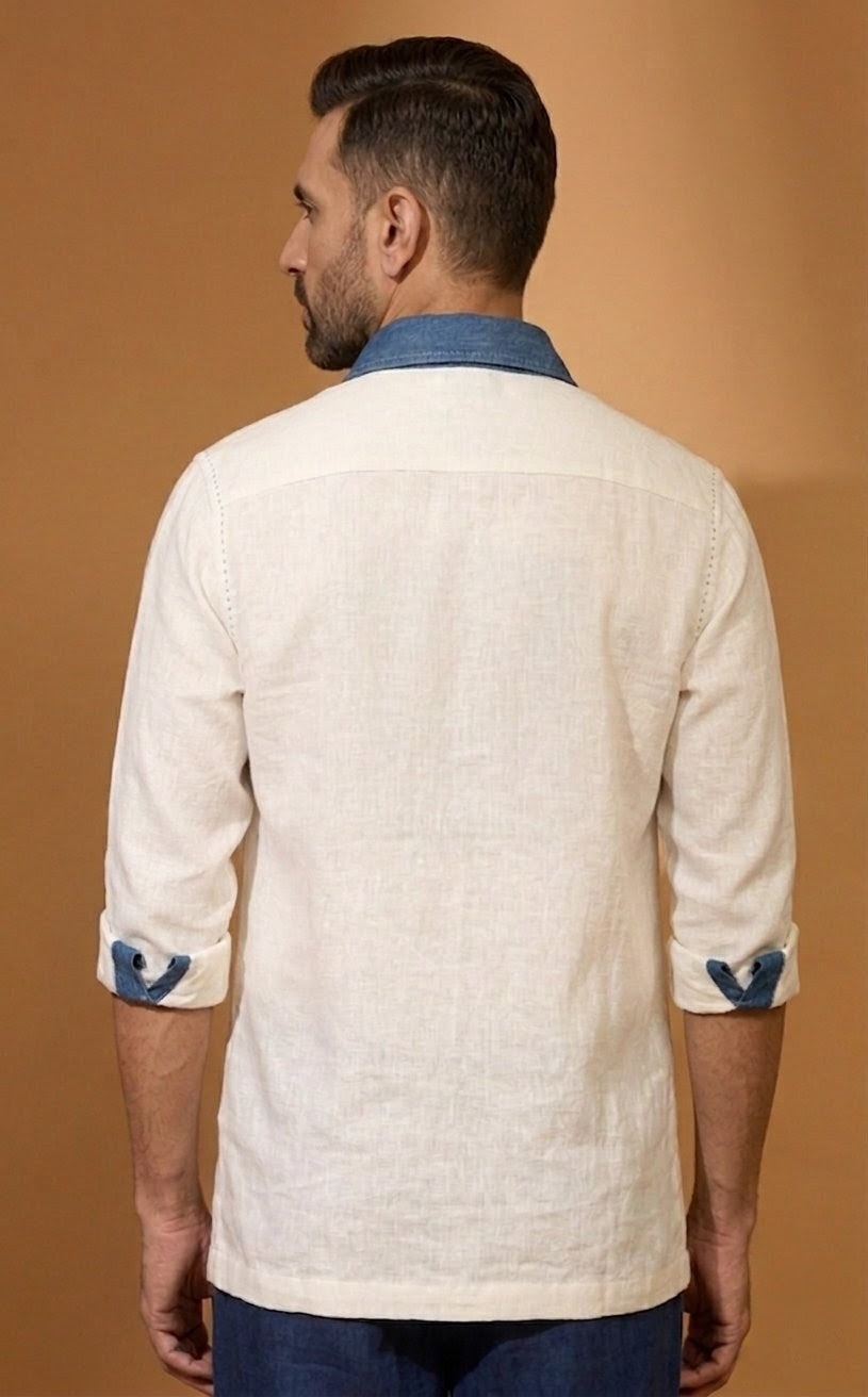 RARE RASU Premium Linen Blend Shirt with Contrast Denim Collar & Utility Pockets – Full Sleeve
