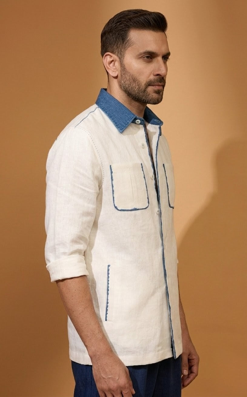 RARE RASU Premium Linen Blend Shirt with Contrast Denim Collar & Utility Pockets – Full Sleeve