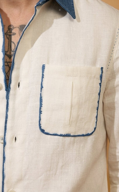 RARE RASU Premium Linen Blend Shirt with Contrast Denim Collar & Utility Pockets – Full Sleeve
