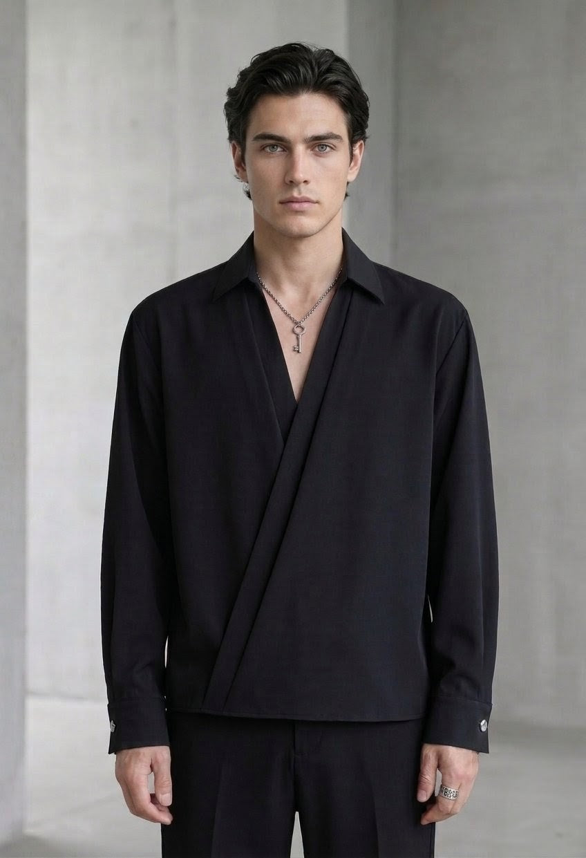 RARE RASU Men's Premium Satin Wrap-Front Shirt – Black | Luxury Long Sleeve Statement Shirt