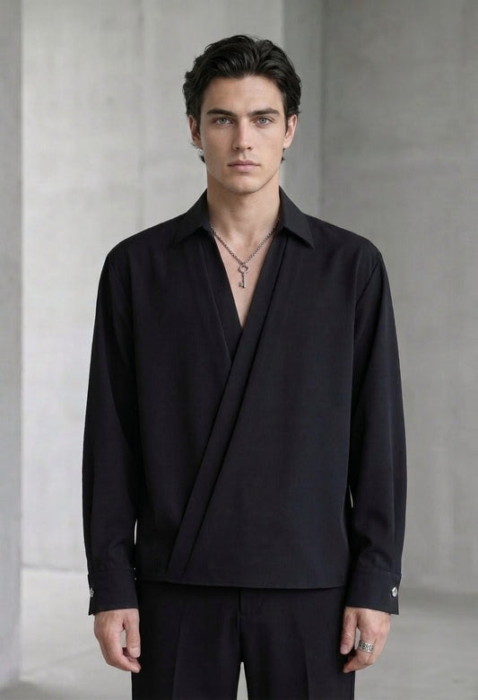 RARE RASU Men's Premium Satin Wrap-Front Shirt – Black | Luxury Long Sleeve Statement Shirt