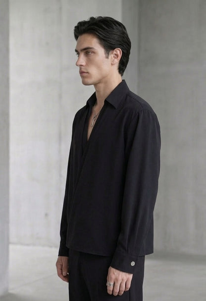 RARE RASU Men's Premium Satin Wrap-Front Shirt – Black | Luxury Long Sleeve Statement Shirt