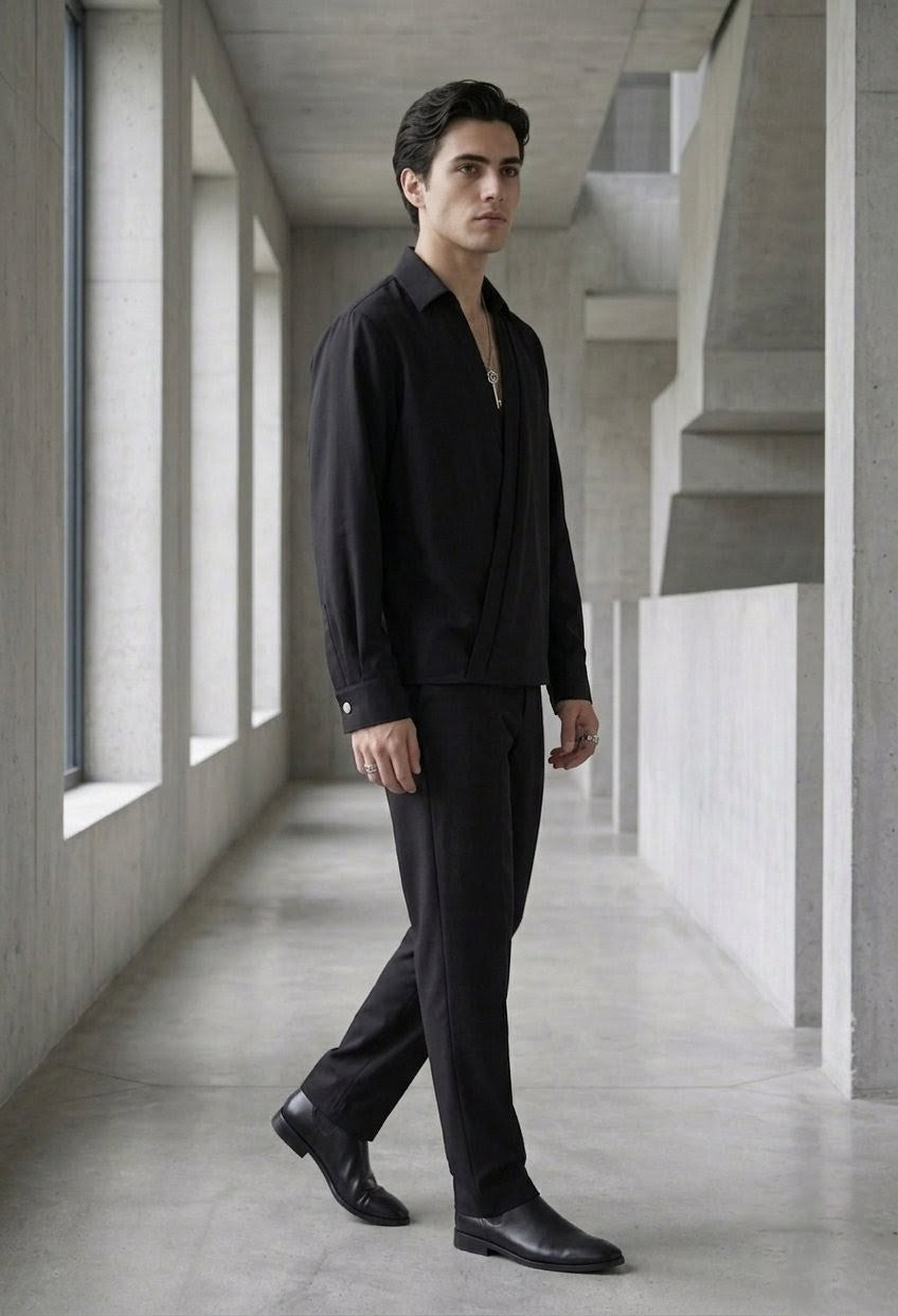 RARE RASU Men's Premium Satin Wrap-Front Shirt – Black | Luxury Long Sleeve Statement Shirt