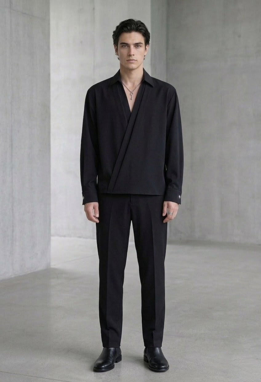 RARE RASU Men's Premium Satin Wrap-Front Shirt – Black | Luxury Long Sleeve Statement Shirt