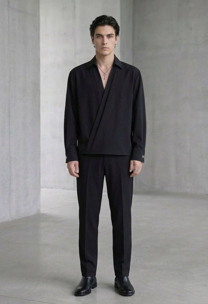 RARE RASU Men's Premium Satin Wrap-Front Shirt – Black | Luxury Long Sleeve Statement Shirt