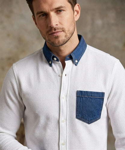 RARE RASU Premium Cotton × Denim Block Texture Contrast Collar shirt– Crisp White