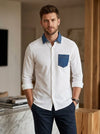 RARE RASU Premium Cotton × Denim Block Texture Contrast Collar shirt– Crisp White