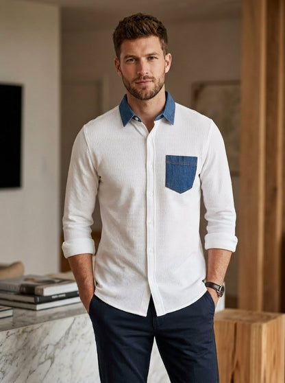 RARE RASU Premium Cotton × Denim Block Texture Contrast Collar shirt– Crisp White