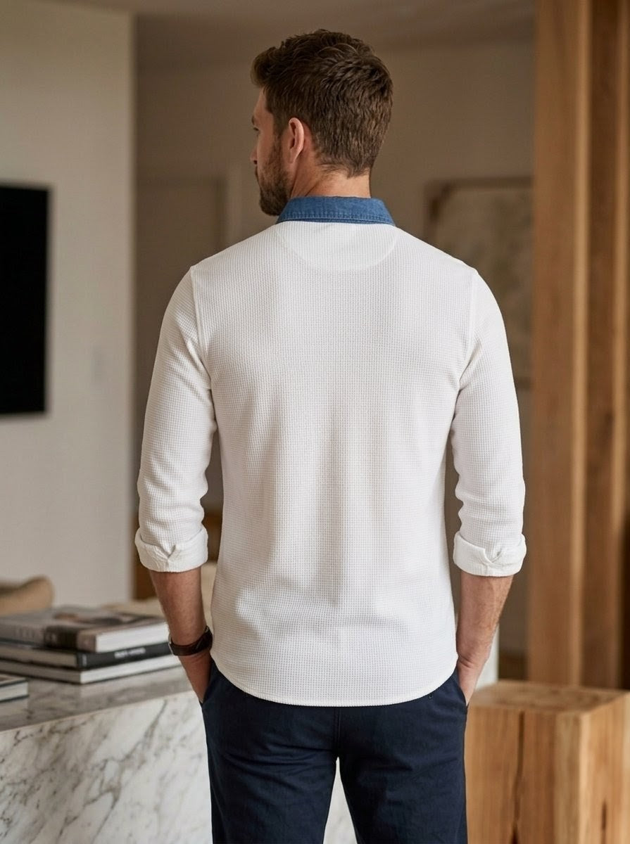 RARE RASU Premium Cotton × Denim Block Texture Contrast Collar shirt– Crisp White