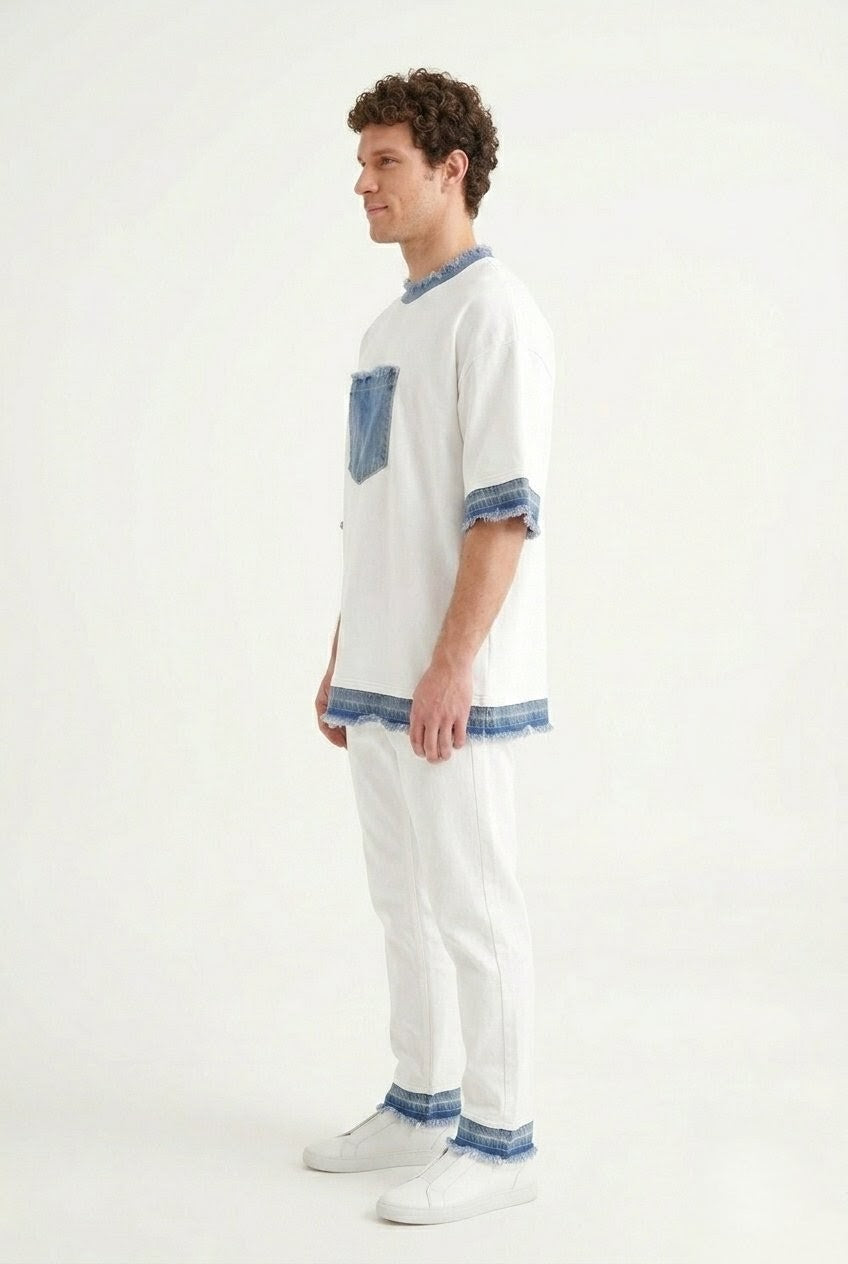 RARE RASU Cotton × Denim Edge T-Shirt — Premium Cotton with Raw Denim Detail (only t-shirt)