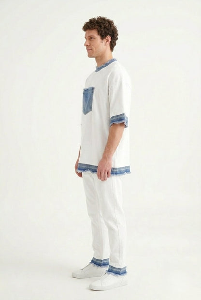 RARE RASU Cotton × Denim Edge T-Shirt — Premium Cotton with Raw Denim Detail (only t-shirt)