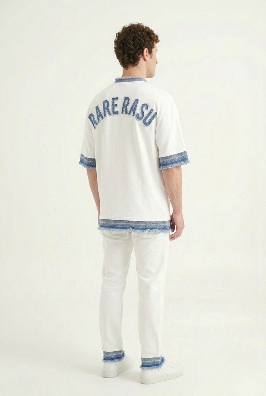 RARE RASU Cotton × Denim Edge T-Shirt — Premium Cotton with Raw Denim Detail (only t-shirt)