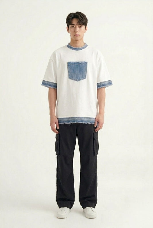 RARE RASU Cotton × Denim Edge T-Shirt — Premium Cotton with Raw Denim Detail (only t-shirt)