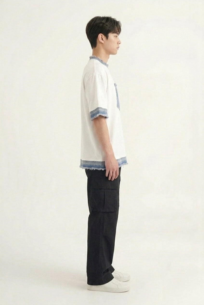 RARE RASU Cotton × Denim Edge T-Shirt — Premium Cotton with Raw Denim Detail (only t-shirt)