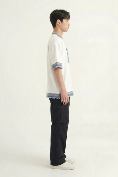 RARE RASU Cotton × Denim Edge T-Shirt — Premium Cotton with Raw Denim Detail (only t-shirt)