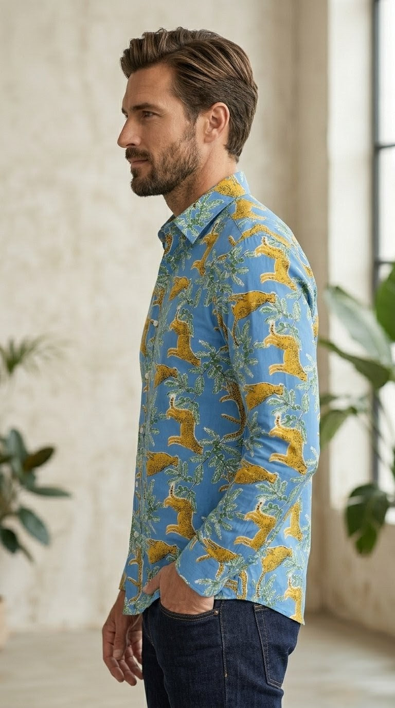 RARE RASU Premium Quality Leopard & Tropical Foliage Printed Long-Sleeve Shirt