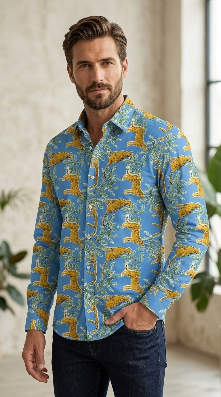 RARE RASU Premium Quality Leopard & Tropical Foliage Printed Long-Sleeve Shirt