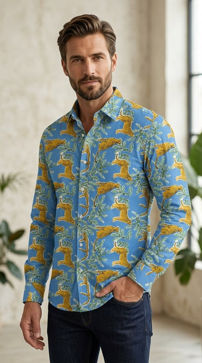 RARE RASU Premium Quality Leopard & Tropical Foliage Printed Long-Sleeve Shirt