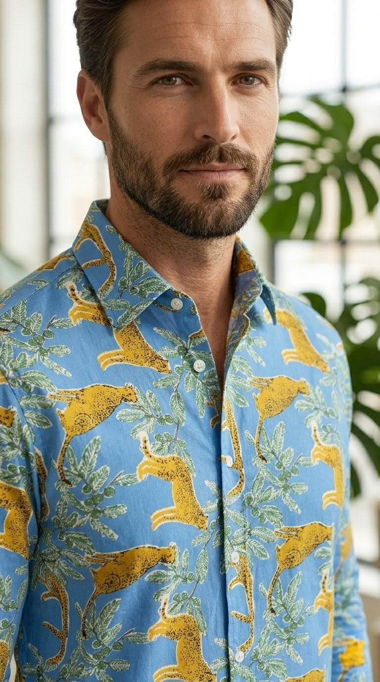 RARE RASU Premium Quality Leopard & Tropical Foliage Printed Long-Sleeve Shirt