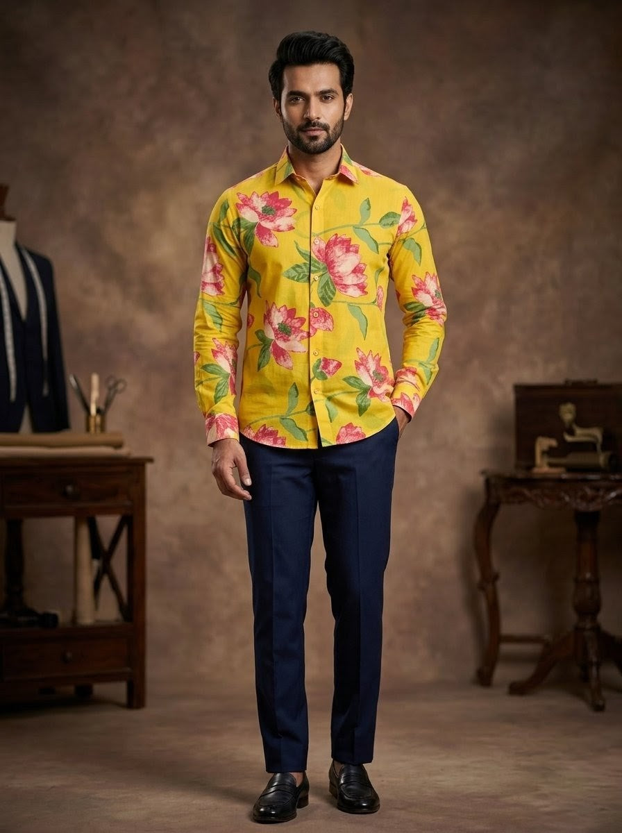 RARE RASU Premium Quality Vibrant Sunshine Lotus Printed Full-Sleeve Casual Shirt | Premium Men's Apparel