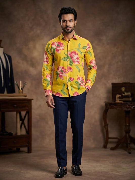 RARE RASU Premium Quality Vibrant Sunshine Lotus Printed Full-Sleeve Casual Shirt | Premium Men's Apparel