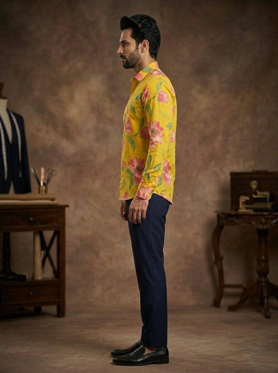 RARE RASU Premium Quality Vibrant Sunshine Lotus Printed Full-Sleeve Casual Shirt | Premium Men's Apparel
