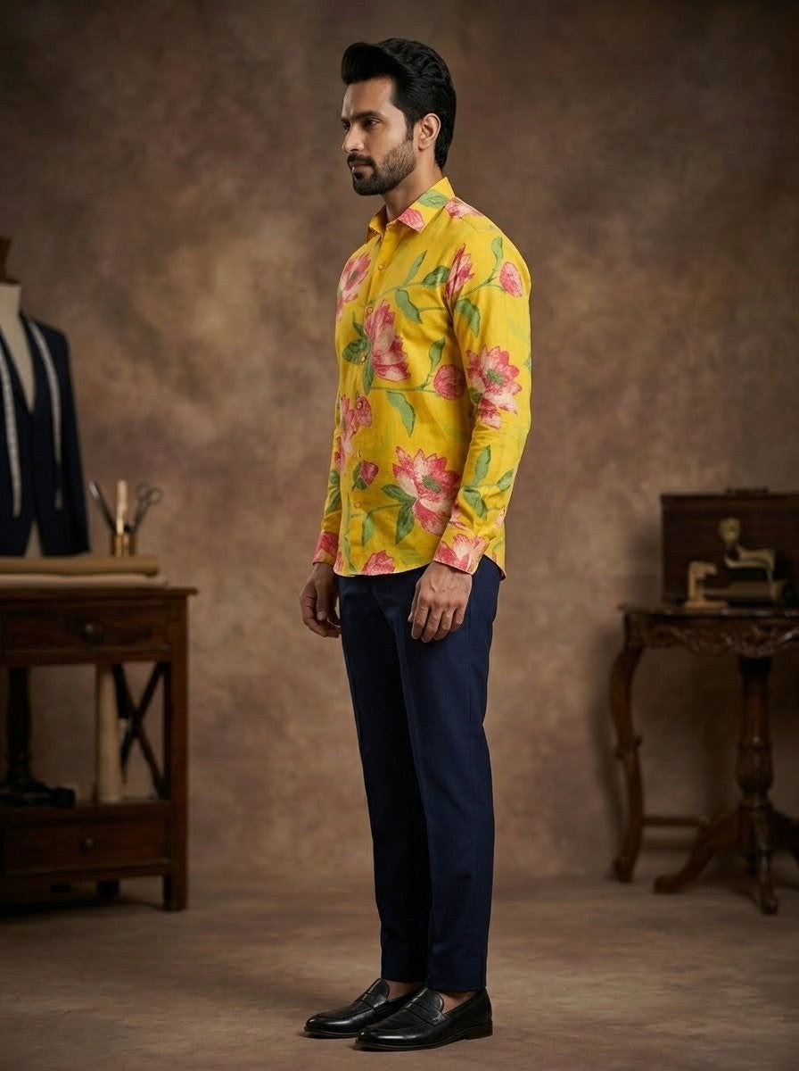 RARE RASU Premium Quality Vibrant Sunshine Lotus Printed Full-Sleeve Casual Shirt | Premium Men's Apparel