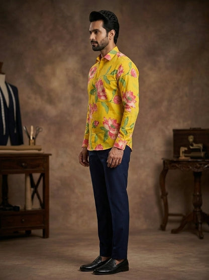 RARE RASU Premium Quality Vibrant Sunshine Lotus Printed Full-Sleeve Casual Shirt | Premium Men's Apparel