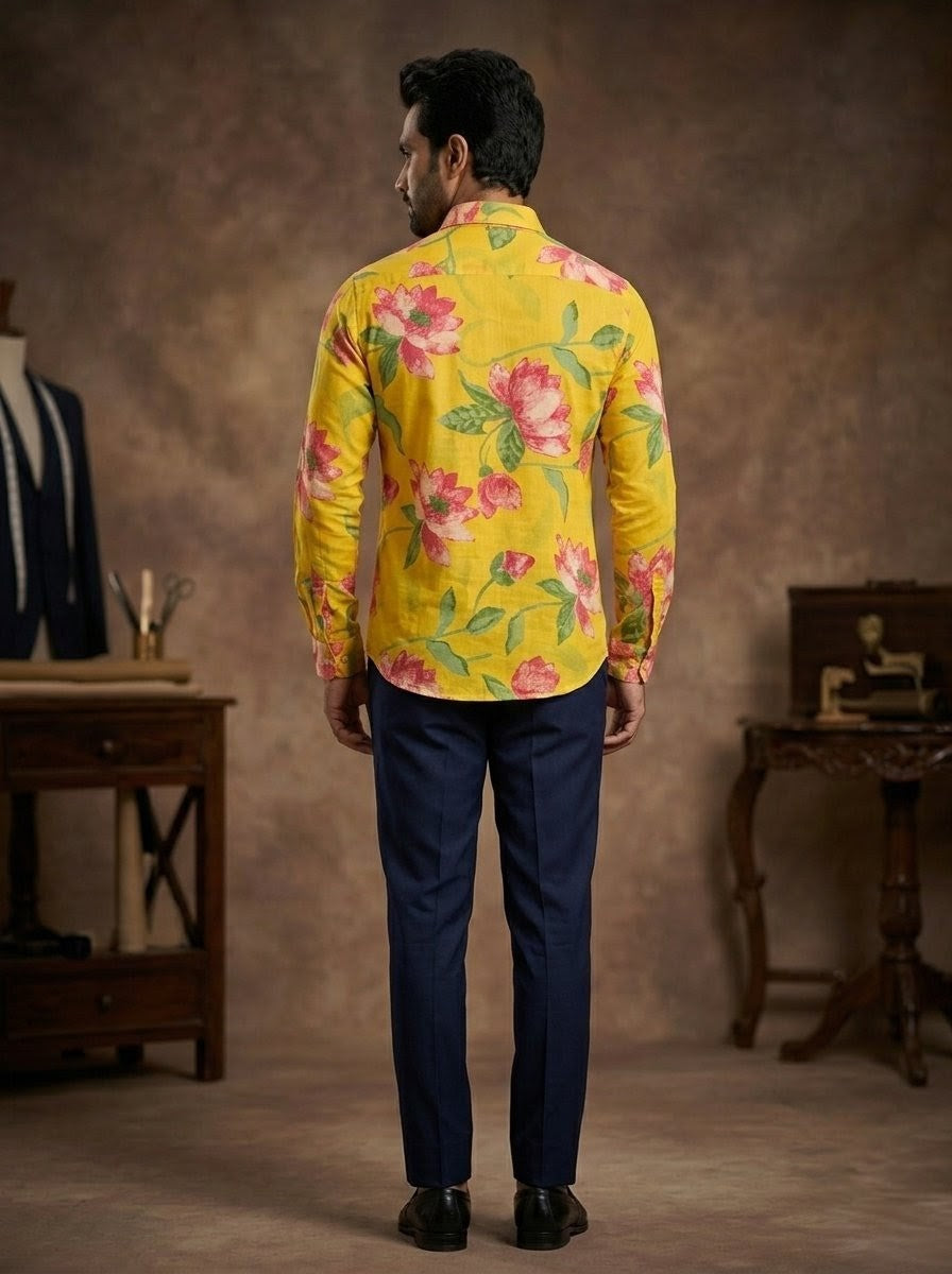 RARE RASU Premium Quality Vibrant Sunshine Lotus Printed Full-Sleeve Casual Shirt | Premium Men's Apparel