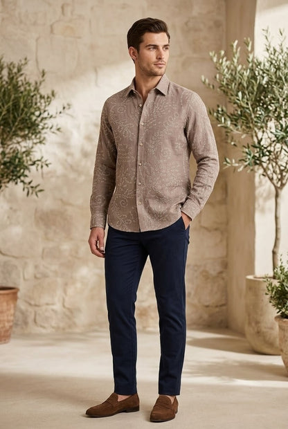 Men's Artisan Printed Premium Linen blend Long-Sleeve Casual Shirt