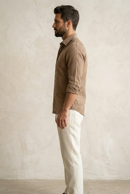 Men's Artisan Printed Premium Linen blend Long-Sleeve Casual Shirt