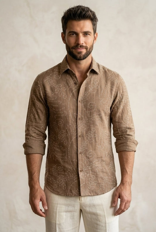 Men's Artisan Printed Premium Linen blend Long-Sleeve Casual Shirt