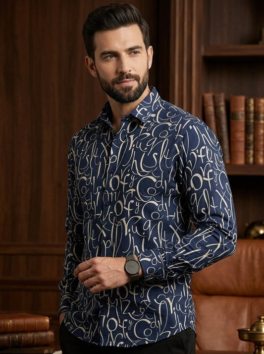 RARE RASU Men’s Premium Abstract Letter Printed Full Sleeve Shirt | Modern Casual & Smart Wear