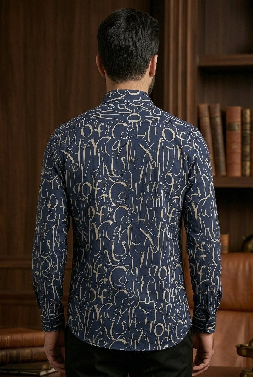 RARE RASU Men’s Premium Abstract Letter Printed Full Sleeve Shirt | Modern Casual & Smart Wear